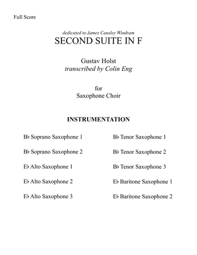 Second Suite in F for Saxophone Choir (arr. Colin Eng)