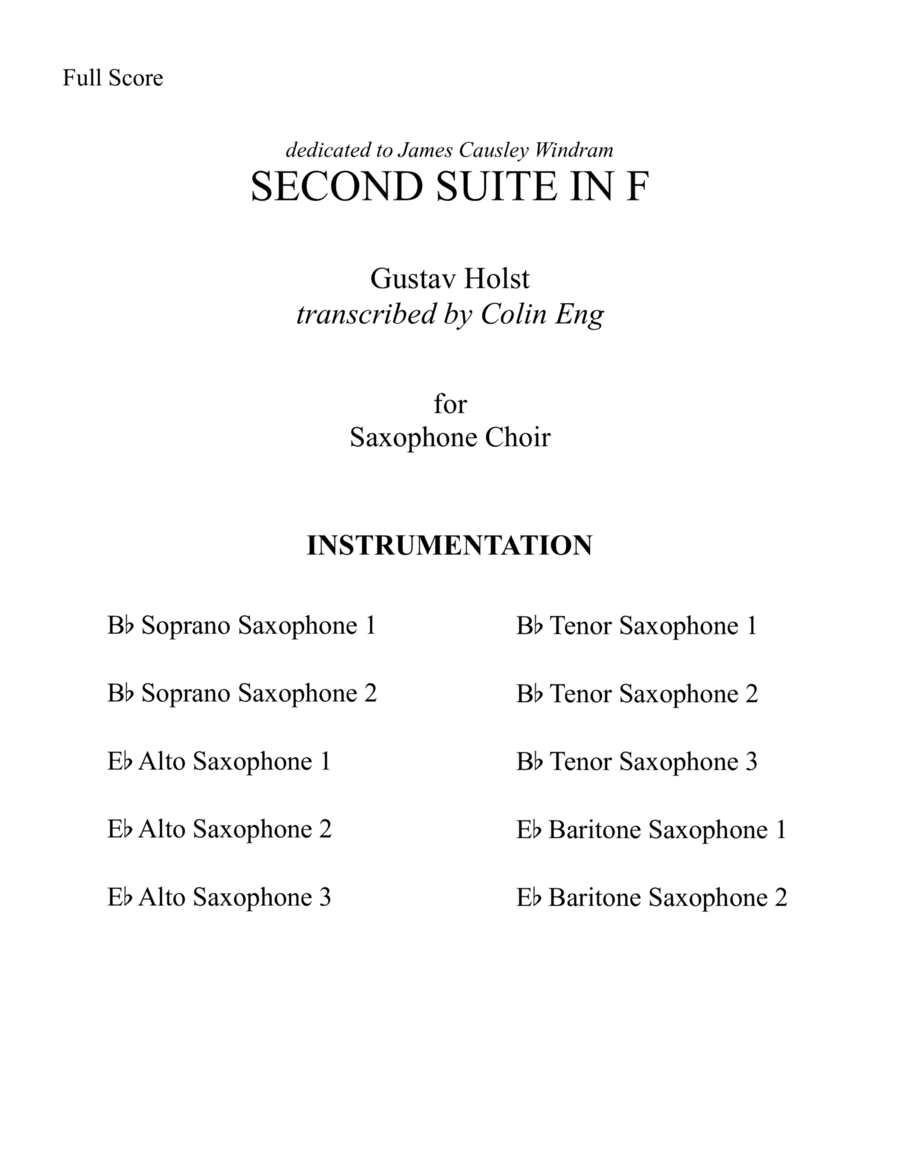 Second Suite in F for Saxophone Choir (arr. Colin Eng)
