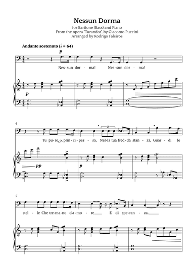 Nessun Dorma (for baritone or bass and piano) (arr. Rodrigo Faleiros)