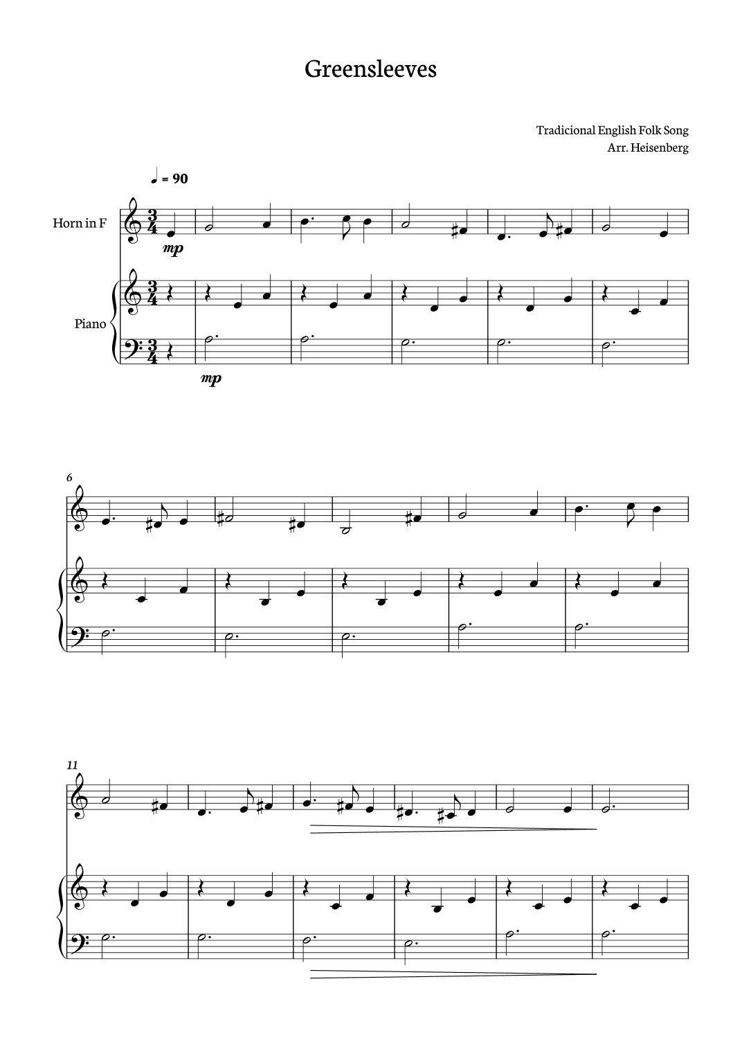Greensleeves for Horn with piano accompaniment (arr. Heisenberg)