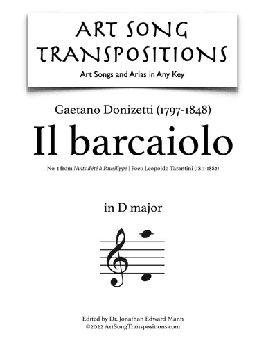 DONIZETTI: Il barcaiolo (transposed to D major) (arr. ArtSongTranspositions.com)