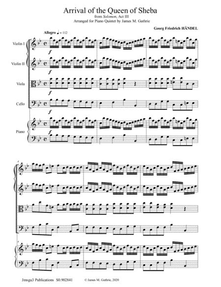 Handel: Arrival of the Queen of Sheba for Piano Quintet (arr. James M. Guthrie)
