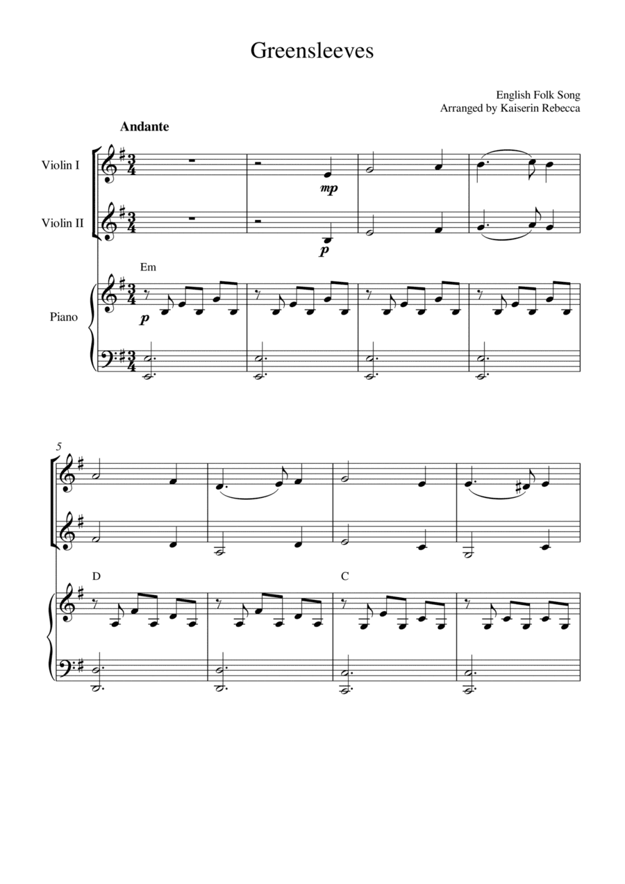 Greensleeves (for violin duet and piano accompaniment) (arr. Kaiserin Rebecca)