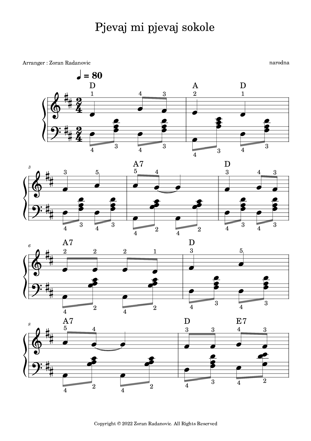 Pjevaj mi pjevaj sokole - D major (arr. Zoran Radanovic)