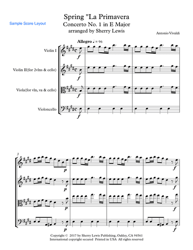 SPRING "La Primavera", First Mov., Intermediate Level for 2 violins and cello or violin, viola and c (arr. Sherry Lewis Publishing)