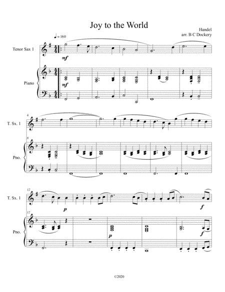 Joy to the World (tenor sax solo) with optional piano accompaniment (arr. B C Dockery)