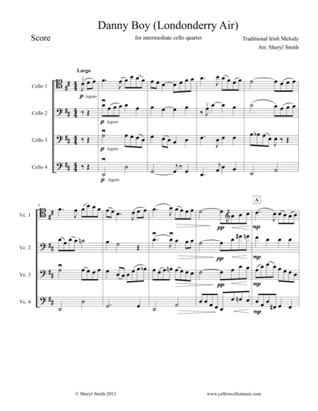 Danny Boy (Londonderry Air) arranged for intermediate/advanced cello quartet (four cellos) (arr. Yellow Cello Music)