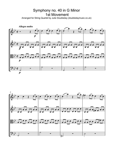 Mozart Symphony No. 40 in G minor, KV. 550 (Mov 1) for String Quartet - Score and Parts (arr. Julie Doubleday)