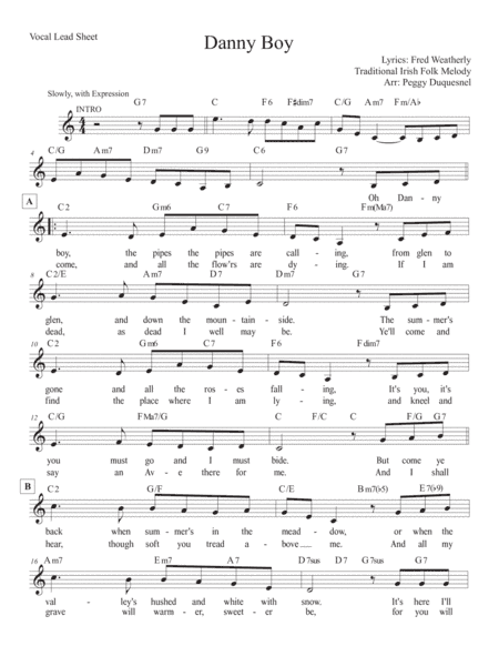 Danny Boy (Key of C) (arr. Duquesnel Music Publishing)