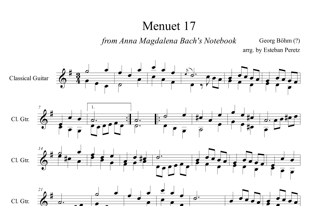 Menuet 17 from Anna Magdalena Bach's Notebook for Classical Guitar (arr. Esteban Peretz)