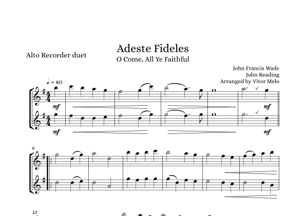 Adeste Fideles (O Come, All Ye Faithful) - alto recorder duet (arr. Vitor Melo)
