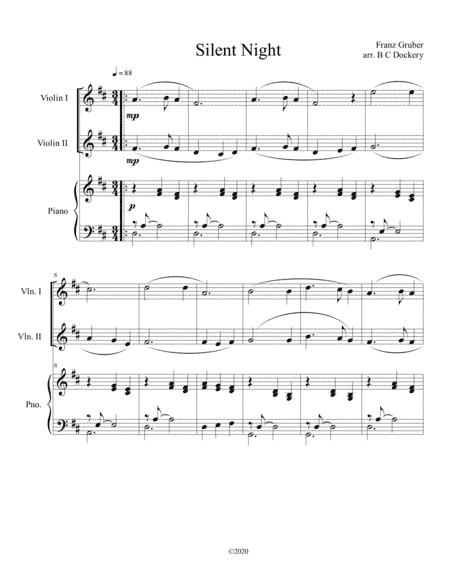Silent Night (violin duet) with optional piano accompaniment (arr. B C Dockery)