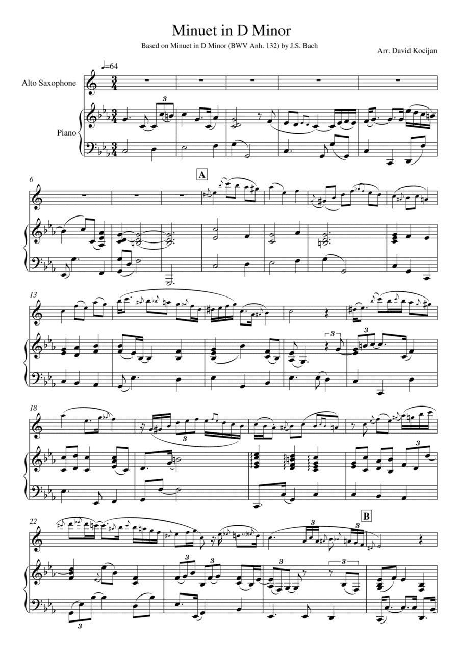 Bach - Minuet in D Minor, BWV Anh. 132 (alto sax & piano) (arr. David Kocijan)