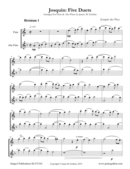 Josquin: Five Duets for Flute & Alto Flute (arr. James M. Guthrie, ASCAP)