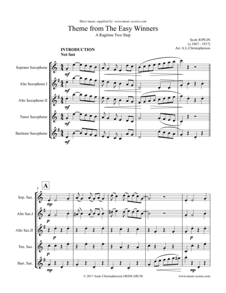 The Easy Winners Theme - Soprano Sax, 2 Alto Sax, Tenor Sax, Baritone Sax (arr. Anne Christopherson GRSM ARCM)