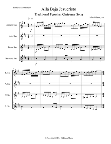Christmas Carol from Peru for Saxophone Quartet (arr. John Gibson)