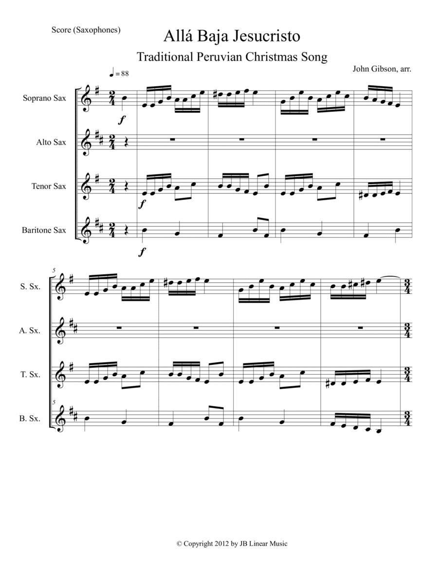 Christmas Carol from Peru for Saxophone Quartet (arr. John Gibson)