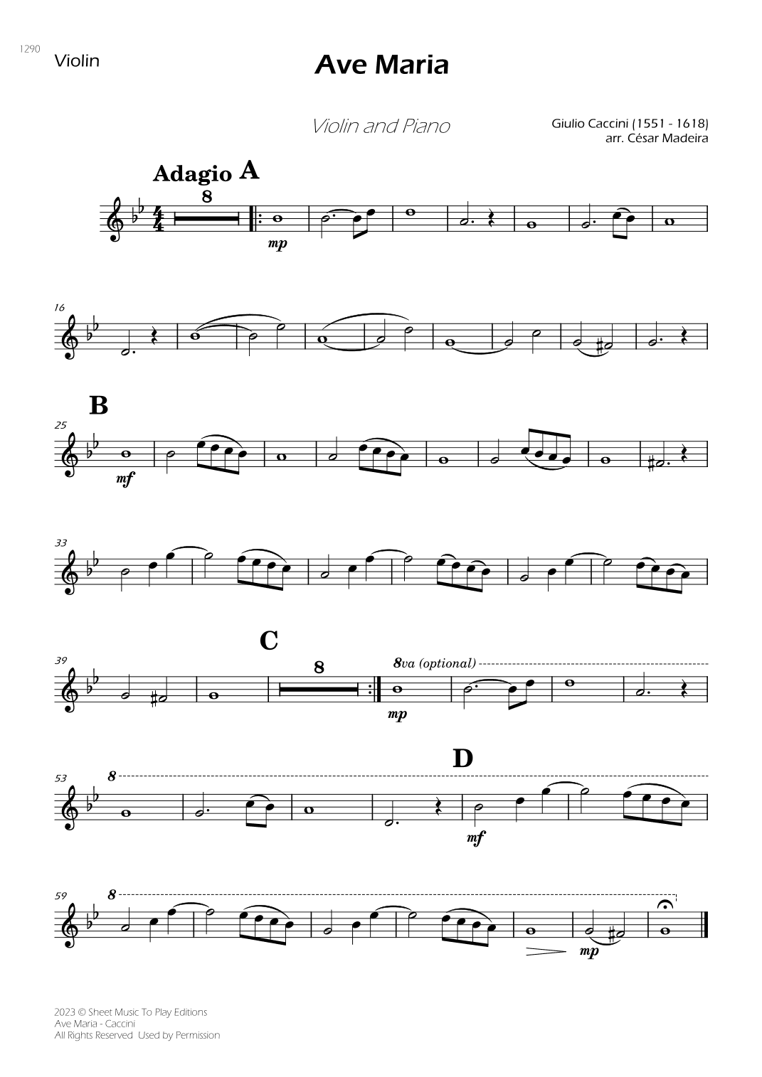 Caccini - Ave Maria - Violin and Piano (Individual Parts) (arr. César Madeira)