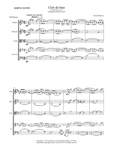 CLAIR DE LUNE String Quartet intermediate level for 2 violins, viola and cello (arr. Sherry Lewis)