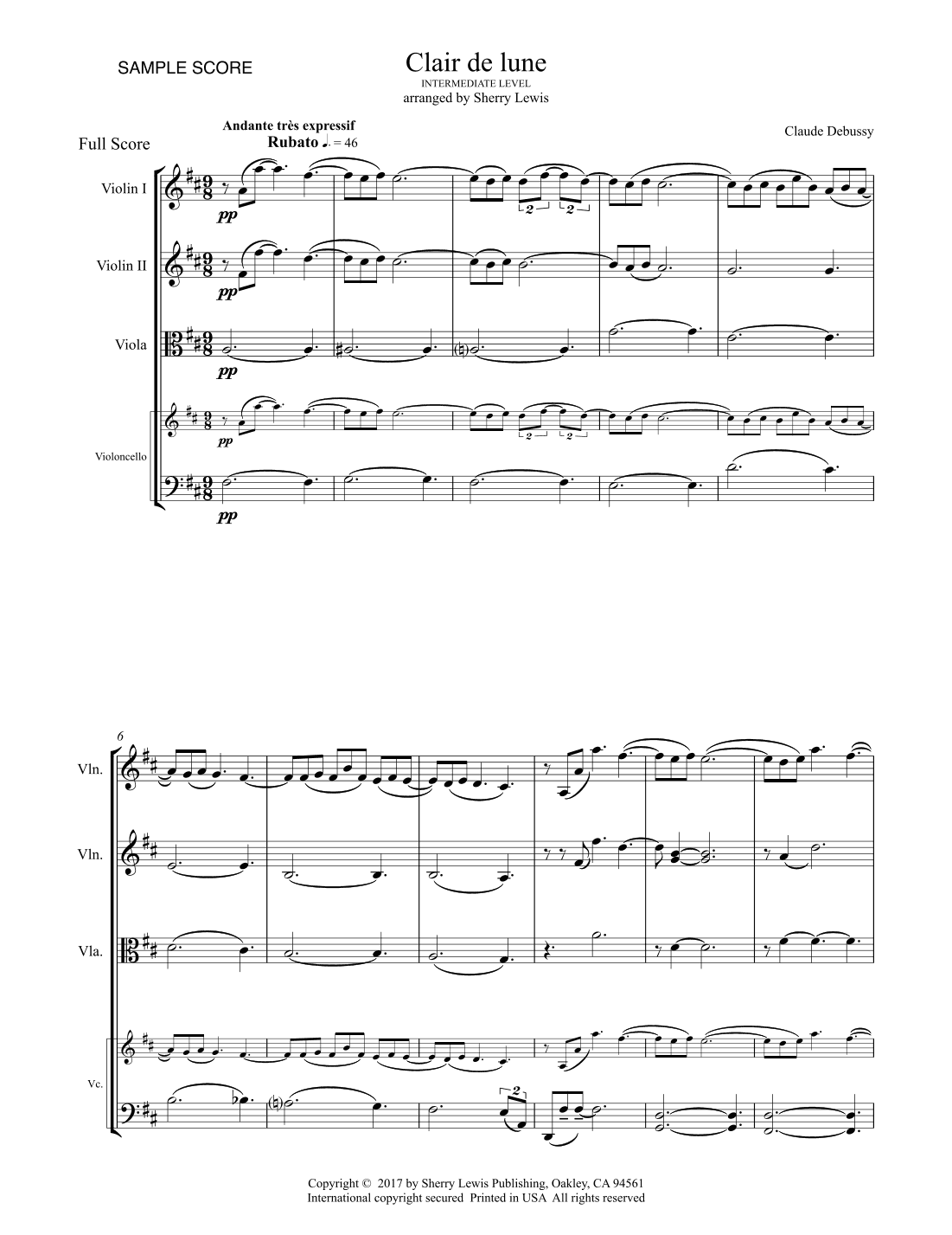 CLAIR DE LUNE String Quartet intermediate level for 2 violins, viola and cello (arr. Sherry Lewis)