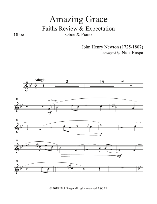 Amazing Grace (Oboe & Piano) Oboe part (arr. Nick Raspa)