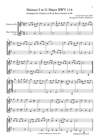 Menuet in G BWV 114/5 for Clarinet and Bass Clarinet (arr. Andrew Middleton)