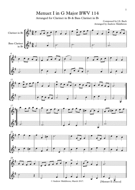 Menuet in G BWV 114/5 for Clarinet and Bass Clarinet (arr. Andrew Middleton)