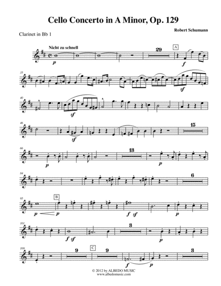 Schumann Cello Concerto - Clarinet in Bb 1 (Transposed Part), Op.129 (arr. Doug Clyde)