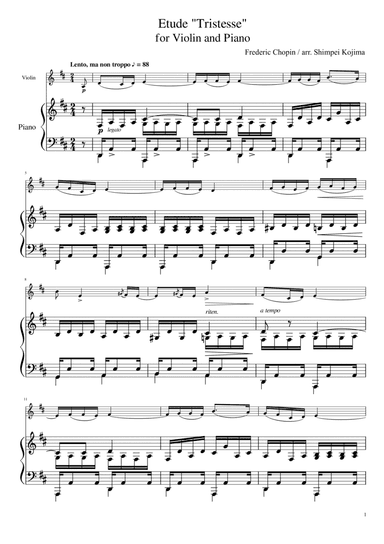 Chopin : Etude "Tristesse" for Violin and Piano (in D major) (arr. Shimpei Kojima)