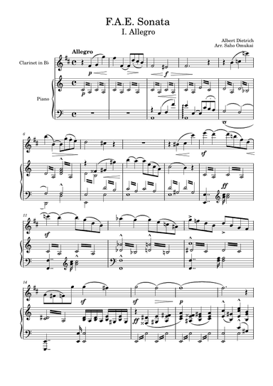 F.A.E. Sonata by A.Dietrich, R.Schumann and J.Brahms for Clarinet and Piano. (arr. Johannes Brahms)