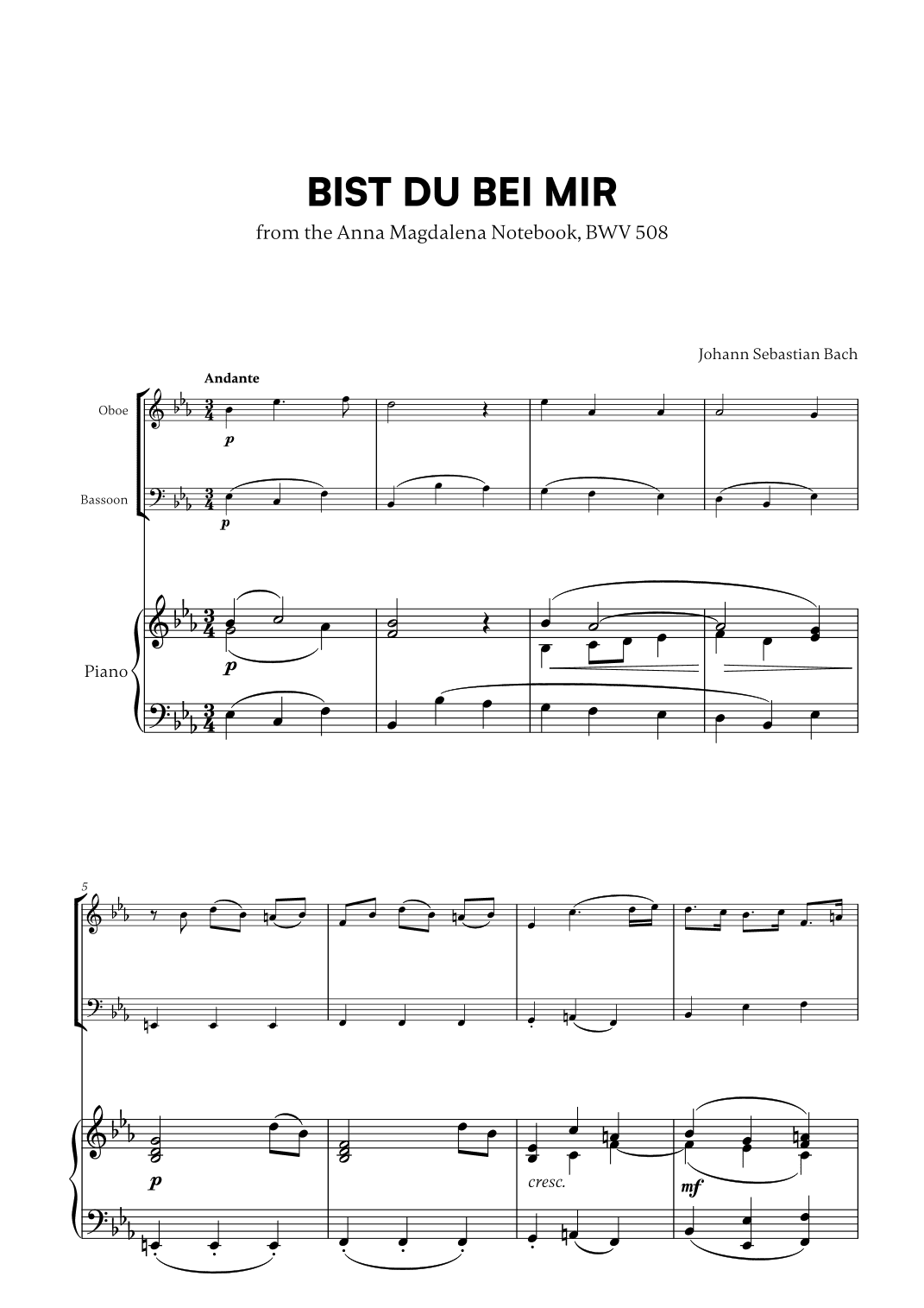 Johann Sebastian Bach - Bist du bei Mir BWV 508 (for Oboe, Bassoon and Piano) (arr. Cadenza Editions)