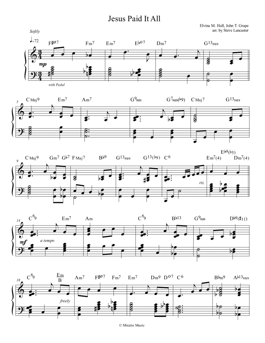 Jesus Paid It All - quiet jazz arr. for solo piano (arr. Steve Lancaster)