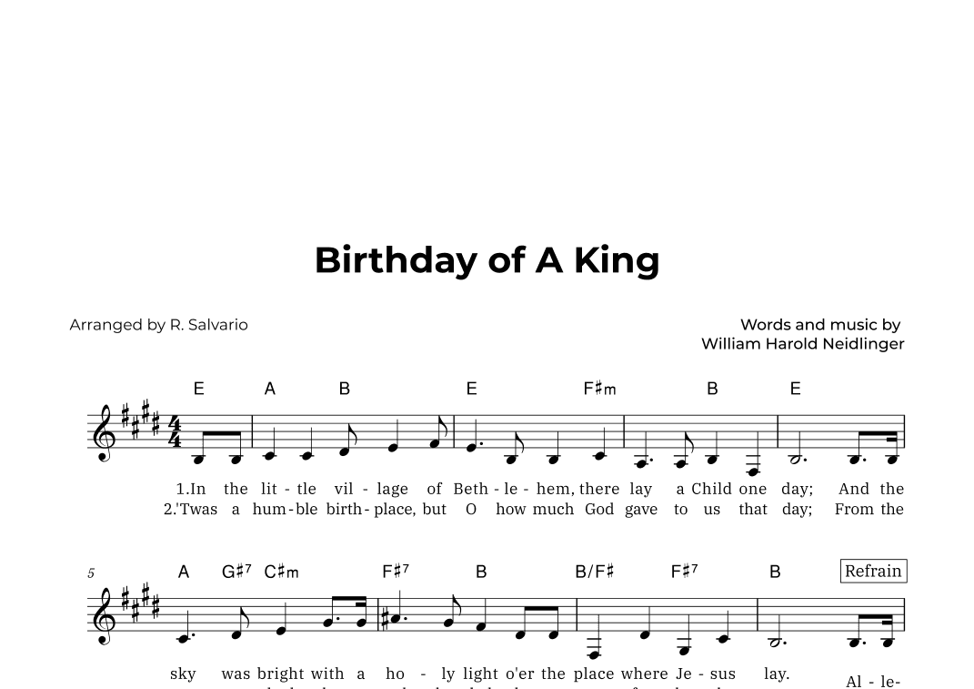 Birthday of A King (Key of E Major) (arr. R. Salvario)