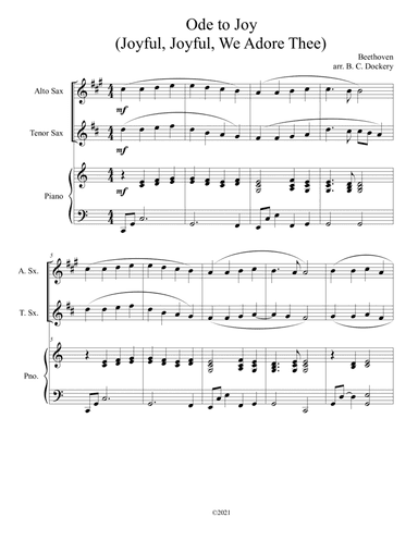 Ode to Joy (Joyful, Joyful, We Adore Thee) for alto and tenor sax duet with piano accompaniment (arr. B. C. Dockery)
