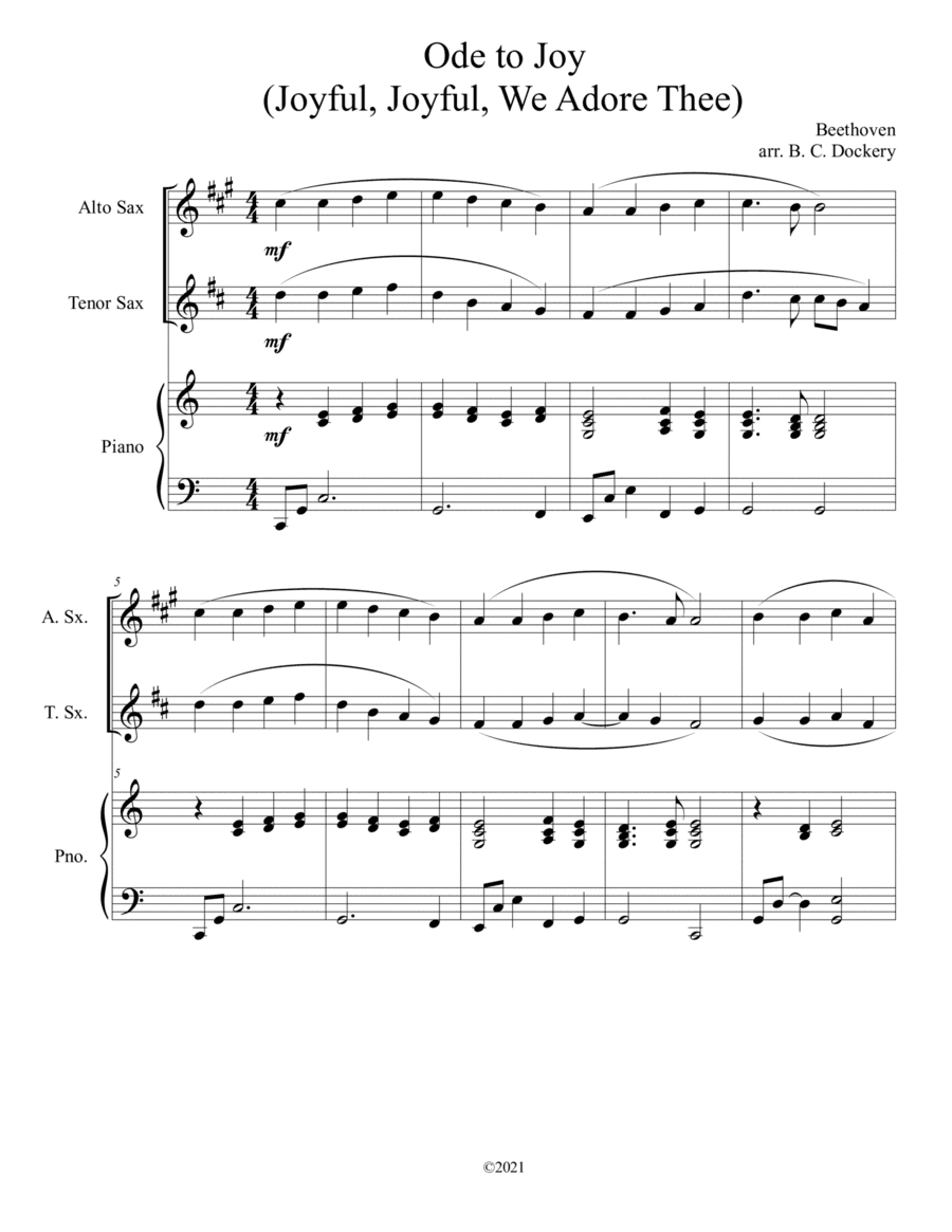 Ode to Joy (Joyful, Joyful, We Adore Thee) for alto and tenor sax duet with piano accompaniment (arr. B. C. Dockery)