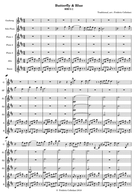 Butterfly and Blue, for guzheng (or other plucked instrument) and flute quintet or flute choir (arr. Frederic Colledani)