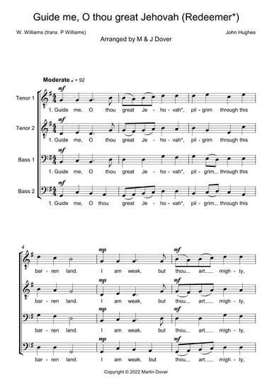 Guide me, O thou great Jehovah / Redeemer - Unaccompanied 4 part Choir - TTBB - Lower Voices (arr. M & J Dover)