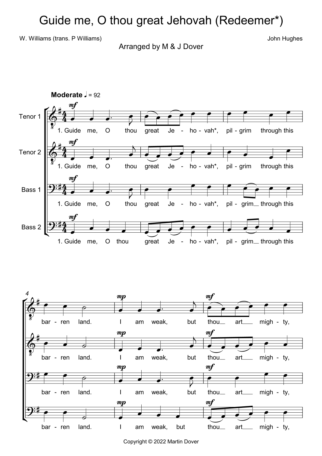 Guide me, O thou great Jehovah / Redeemer - Unaccompanied 4 part Choir - TTBB - Lower Voices (arr. M & J Dover)