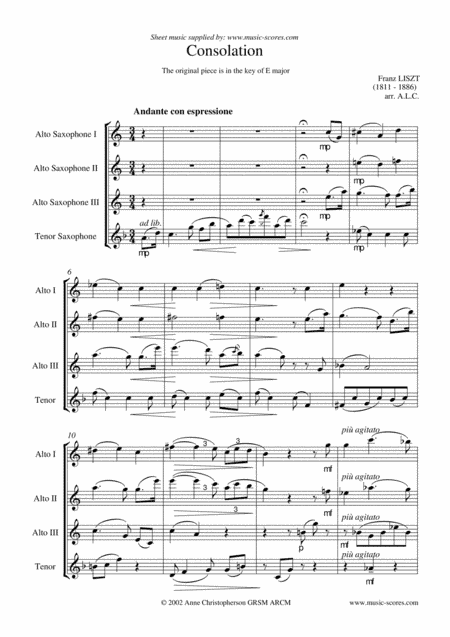 Consolation No. 5 in E Major - Saxophone Quartet (arr. Anne L Christopherson GRSM ARCM)