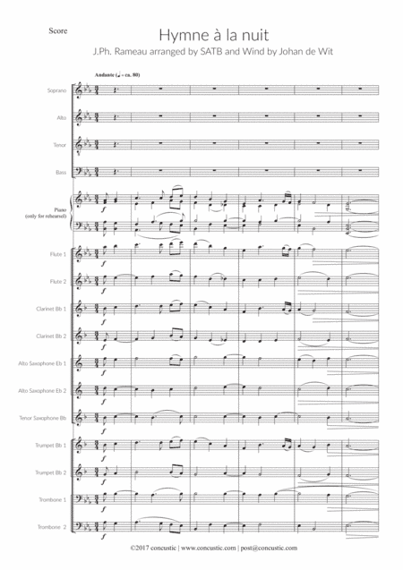 Hymne à la nuit (J.P. Rameau) for SATB and Windinstruments (arr. Johan de Wit)