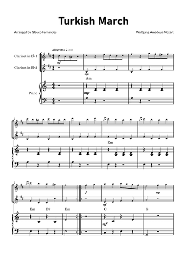 Turkish March by Mozart - Clarinet Duet with Piano and Chord Notations (arr. Glauco Fernandes)