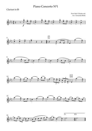 Piano Concerto Nº 1 - 1st Mov. Theme (P. Tchaikovsky) for Clarinet in Bb Solo (arr. Fernando Britto)