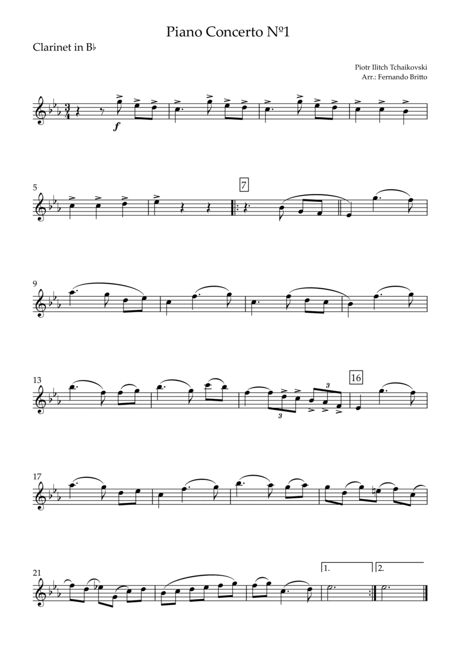Piano Concerto Nº 1 - 1st Mov. Theme (P. Tchaikovsky) for Clarinet in Bb Solo (arr. Fernando Britto)