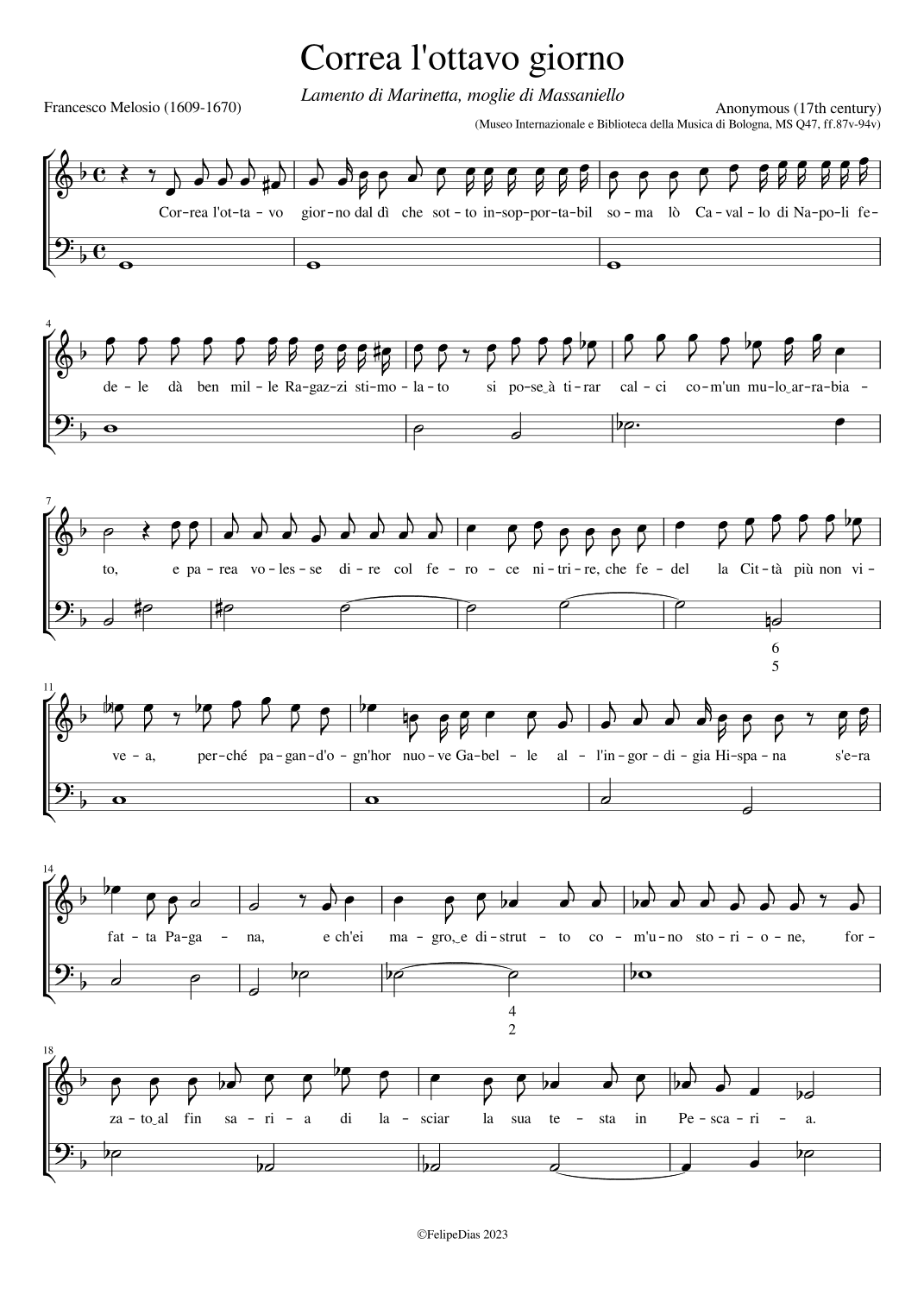 Lamento di Marinetta moglie di Massaniello (Correa l'ottavo giorno) (arr. Early Music Scores)