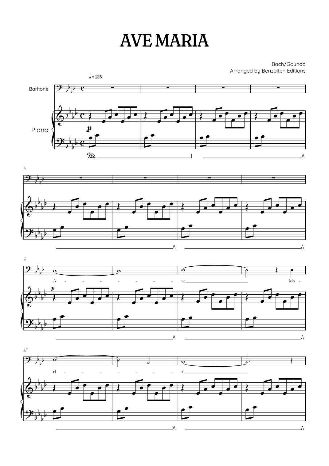 Bach / Gounod Ave Maria in A flat [Ab] • baritone sheet music with piano accompaniment (arr. Benzaiten Editions)