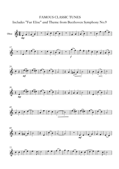 FAMOUS CLASSIC TUNES for OBOE. Includes "Fur Elise" and Theme from Beethoven Symphony No.9 (arr. Ellen Macpherson)