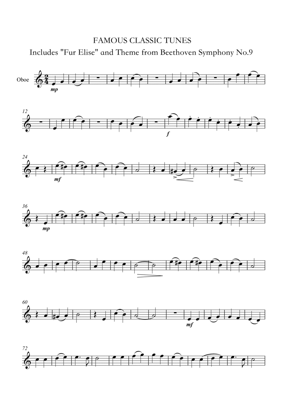FAMOUS CLASSIC TUNES for OBOE. Includes "Fur Elise" and Theme from Beethoven Symphony No.9 (arr. Ellen Macpherson)