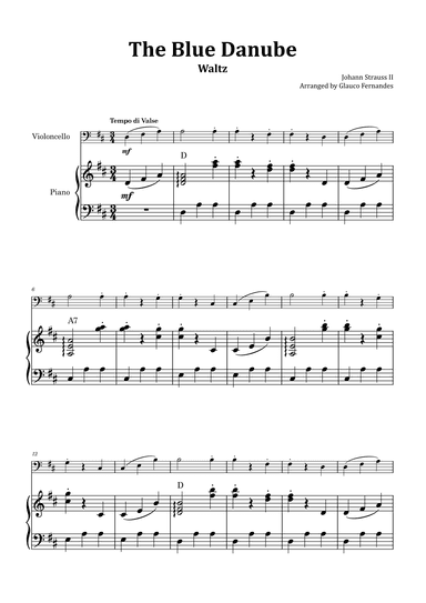 The Blue Danube - Cello and Piano with Chord Notations (arr. Glauco Fernandes)