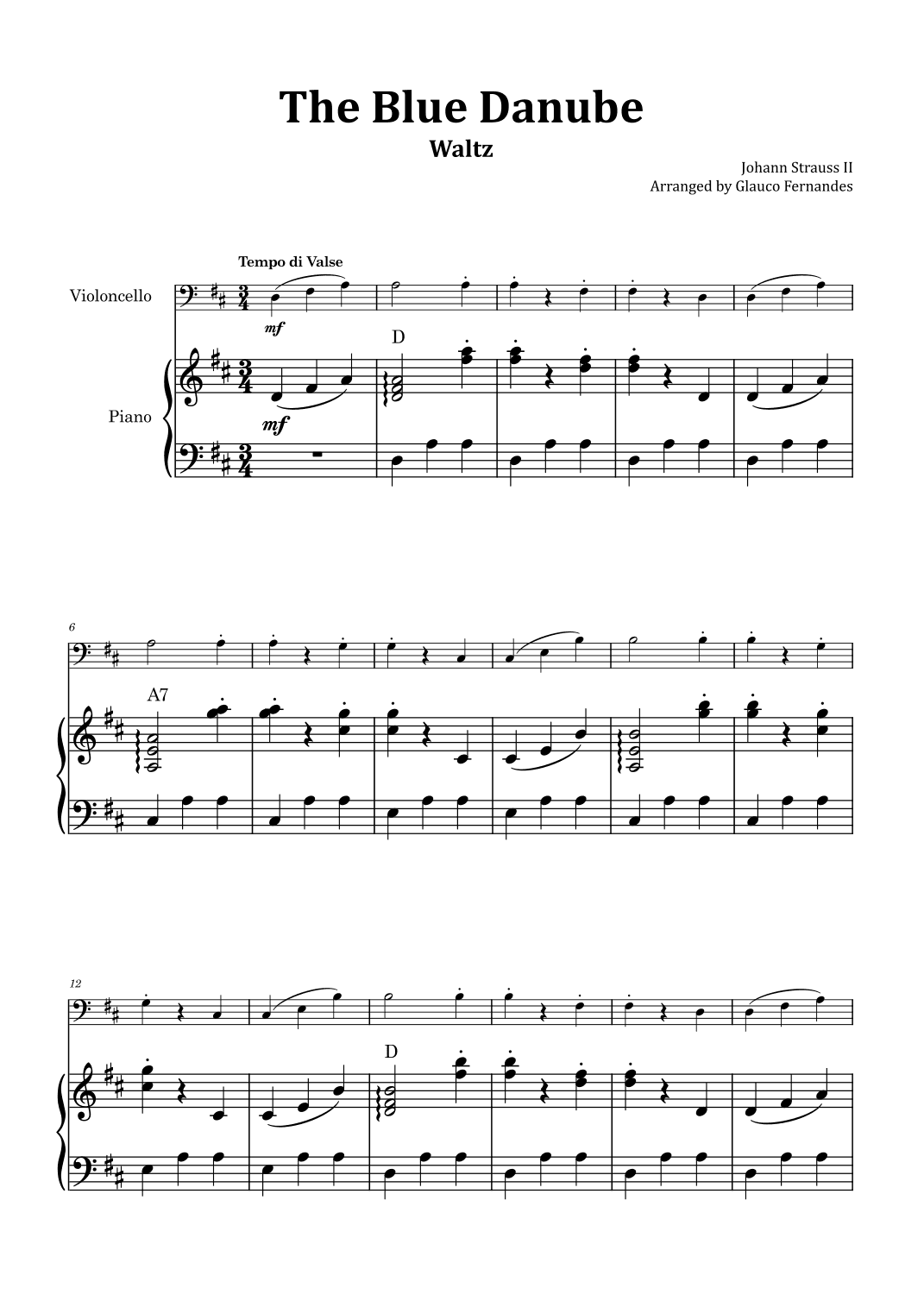 The Blue Danube - Cello and Piano with Chord Notations (arr. Glauco Fernandes)