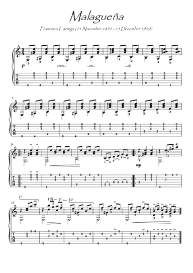 Malaguena by Tarrega guitar solo with tab (arr. PianoSheetNow)